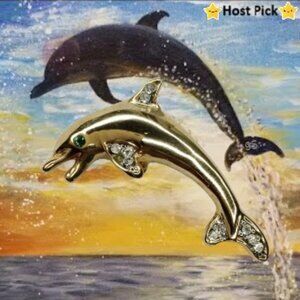 Vintage Gold Tone Dolphin Brooch – Green Eye & Rhinestone Accents